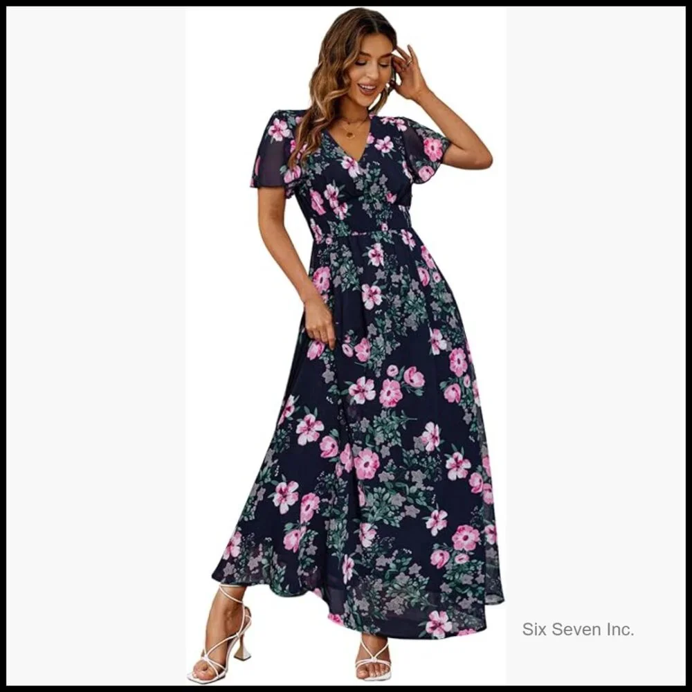 Polyester Boho Floral Maxi Dress V Neck Short Sleeve Wedding Guest Holiday Beach - Picture 1 of 4